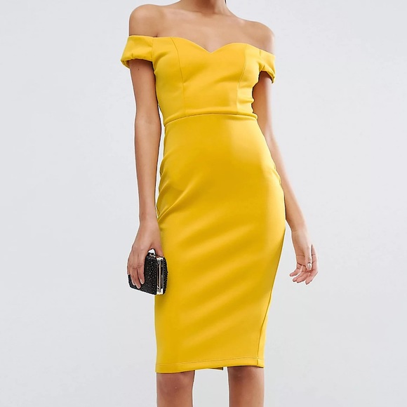 NWT ASOS Mustard Yellow Bardot Sweetheart Off the Shoulder Midi Dress - Picture 1 of 9